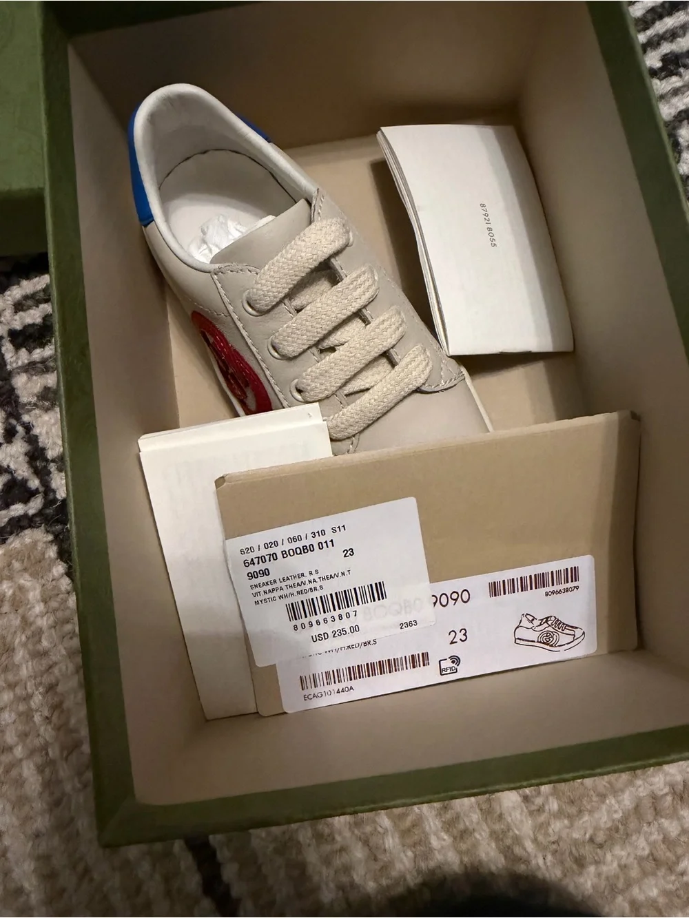 Gucci Kids White Leather Sneakers with Red Logo and Blue Heel Tab
